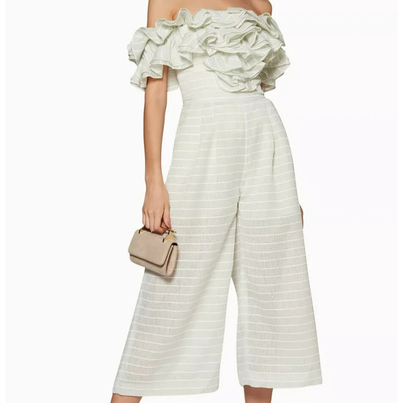 Acler Ruffled Off Shoulder Jumpsuit Size 2 Mint Green Pockets Cropped Wide Leg - Picture 1 of 14